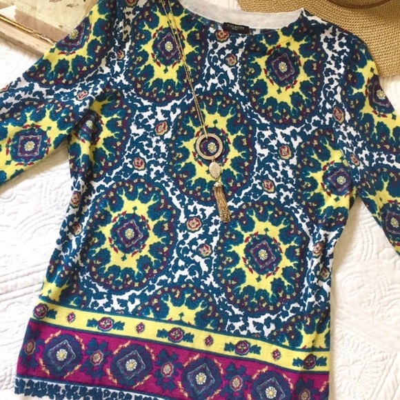 TALBOTS 100% Merino Wool Audrey Mosaics Multi Green Purple Yellow Print - Picture 7 of 12